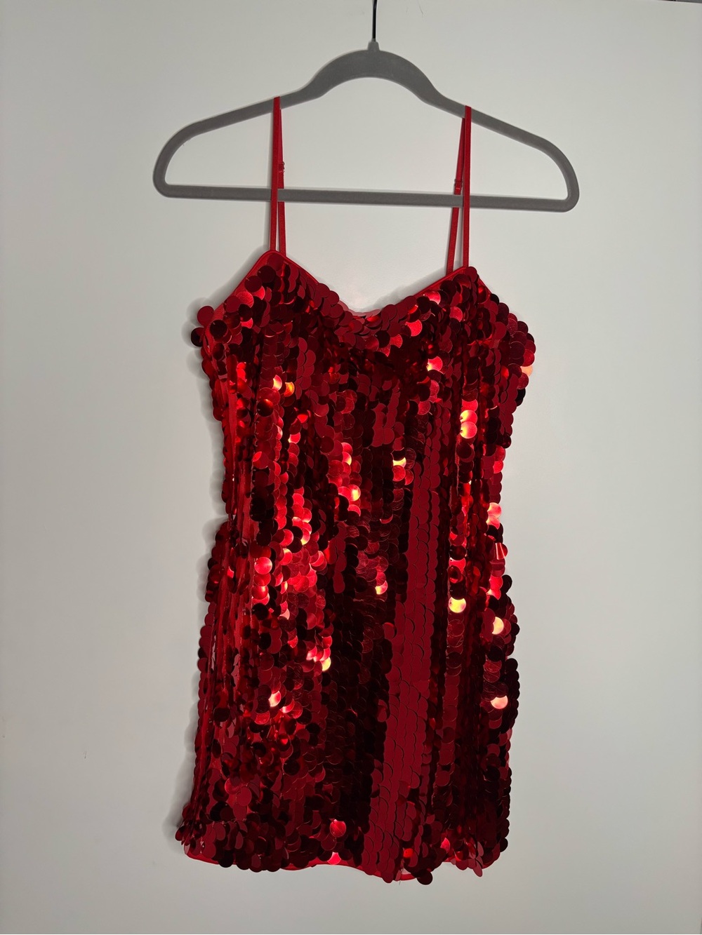 Red Sequin Slip Mini Dress with Spaghetti Straps